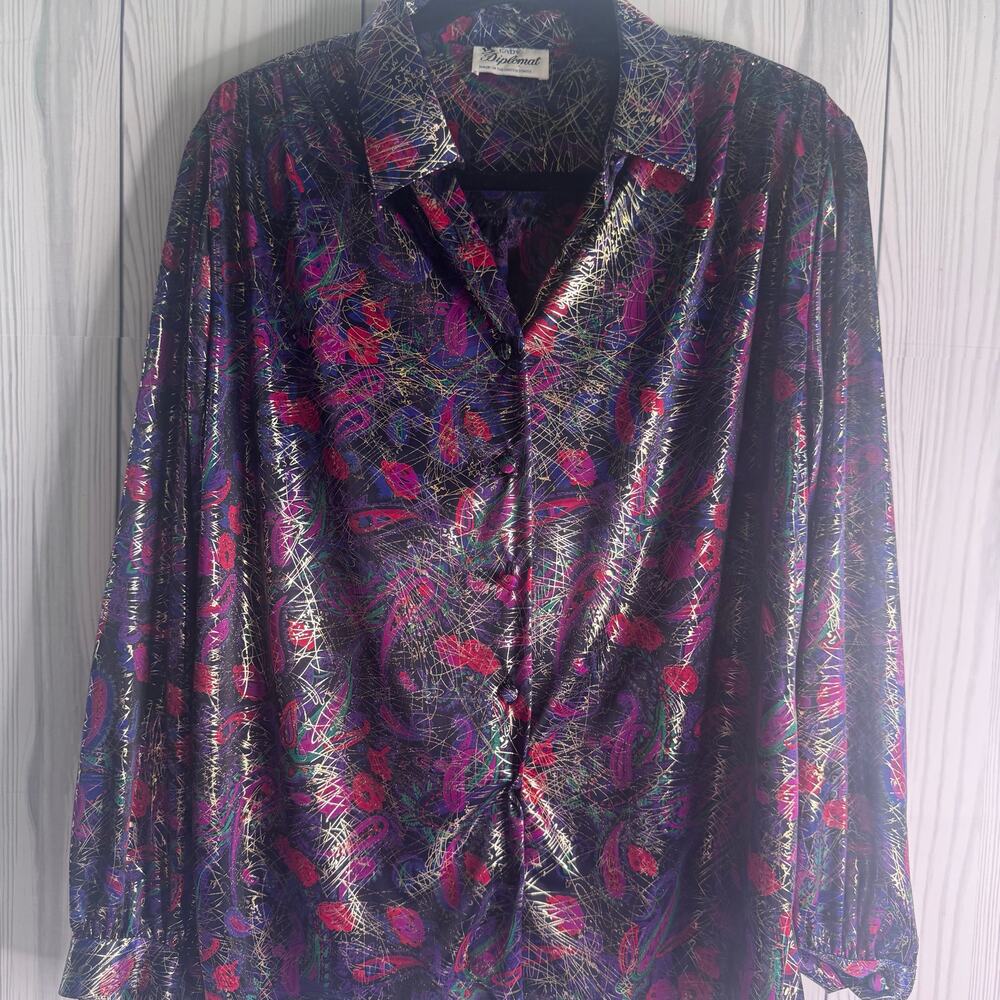 Rare 1980s Lady Diplomat Funky Retro Graffiti Gold Purple Women’s Blouse Large